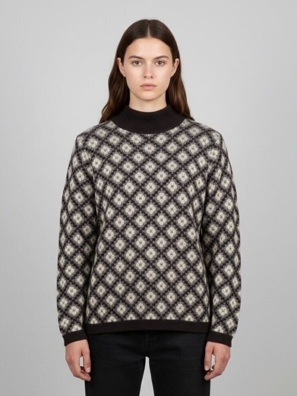 Vintage Floral Weave Mock Neck Sweater - Medium